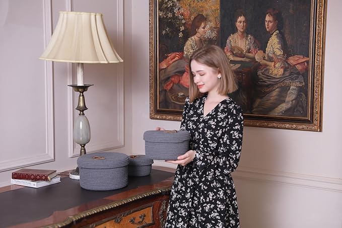 Cottonphant Set of 3 Stylish Round Woven Baskets with Lids - Elegant Storage Solution for Home Decor and Organization - Compact Shelf Baskets (Dark Grey, 10"x6"-8"x5"-6"x4")