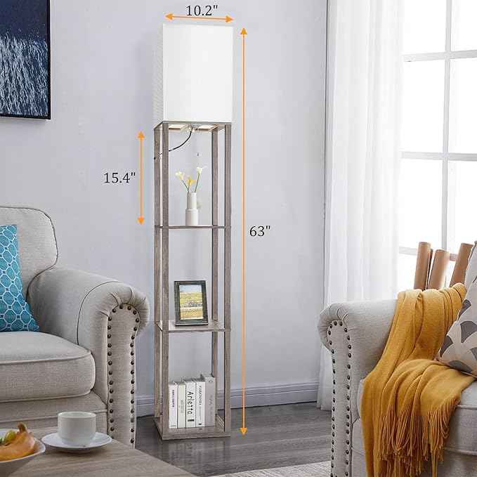 Floor Lamp with Shelves，Wood Corner Floor Lamps for living room tables with 3 CCT LED Bulb,Modern Display Bookshelf Nightstand Lamps,Column Standing Lamp for Bedroom Office Home Decor-Rustic Wood
