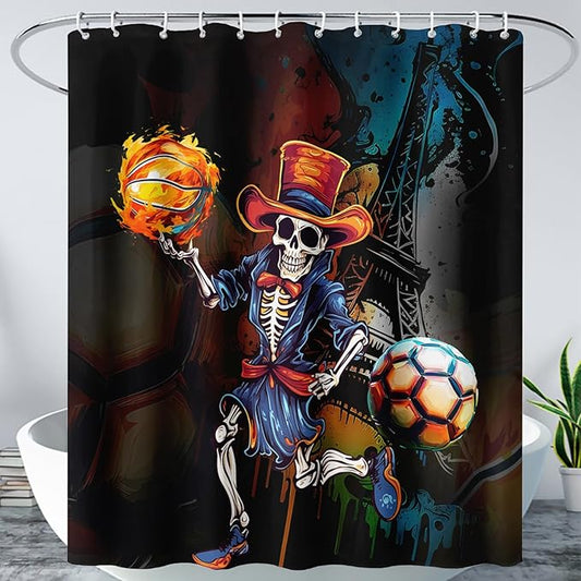 AILONEN Sugar Skull Shower Curtain,Funny Skull Skeleton Design Shower Curtain Set with Hooks for Boys Girls Teens,Skeletons Playing Balls Waterproof Fabric Shower Curtain for Bathroom,36" W*72" H