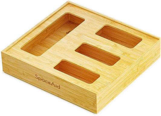 SpaceAid Bag Storage Organizer for Kitchen Drawer, Bamboo Organizer, Compatible with Gallon, Quart, Sandwich and Snack Variety Size Bag (1 Box 4 Slots, Natural, 2" High)