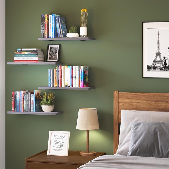 Fixwal Grey Floating Shelves for Wall, 4 Sets Wood Shelves Farmhouse Wall Shelf Wall Mounted Floating Shelves for Bedroom Decor, Bathroom Storage, Book Shelf for Wall - Grey