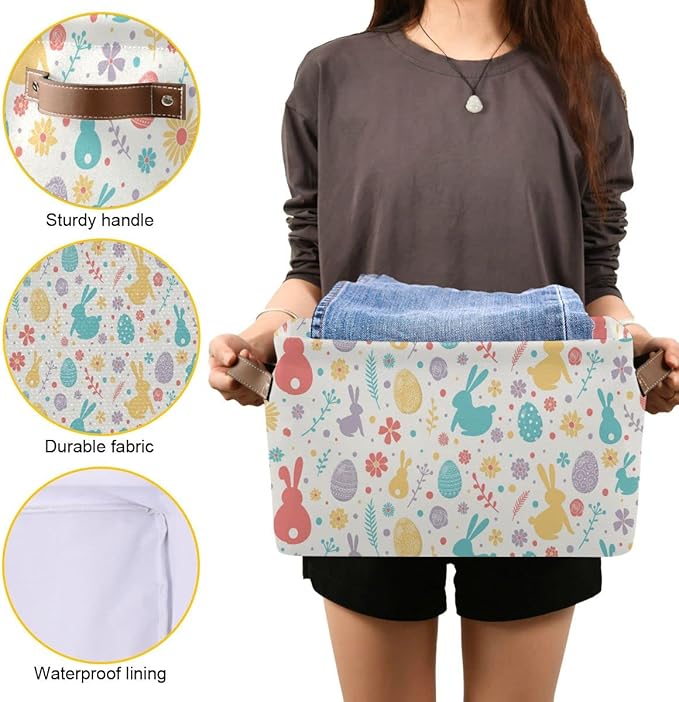 Happy Easter Day Eggs Bunny Storage Basket Fabric Laundry Baskets Easter Rabbit Peeps Spring Flowers Storage Boxes Organizer Bag for Baby Cloth Toy Book Storage Cubes Shelf Closet Bins 16×12×8 Inches