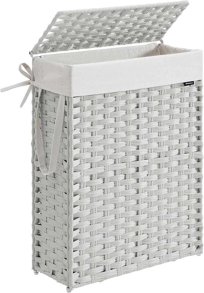SONGMICS Slim Laundry Hamper with Lid, 14.5 Gallon (55L) Rattan Clothes Laundry Basket with Lid and Handles, Foldable, Removable Liner, Cloud White ULCB164W01