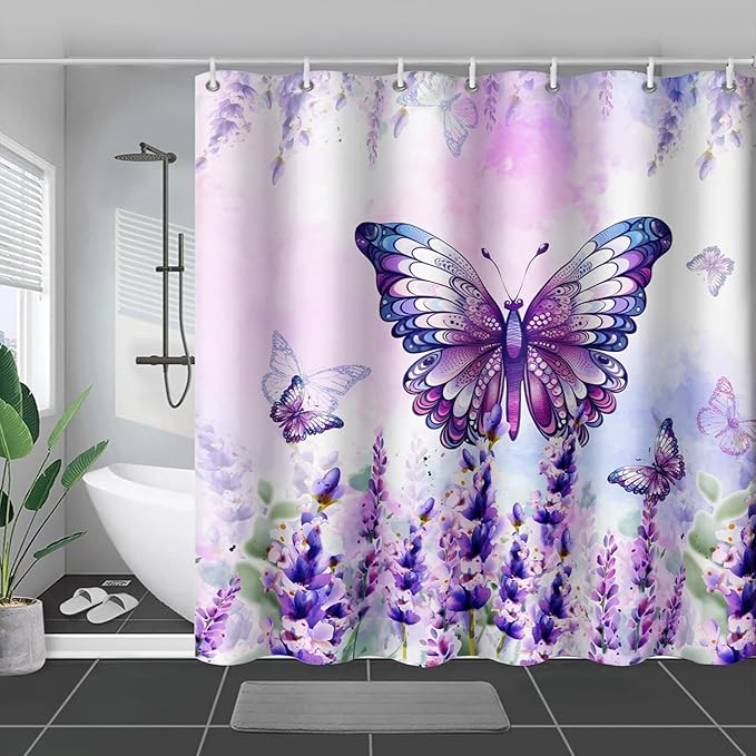 AILONEN Girls Butterfly Shower Curtain for Bathroom,Purple Blooming Lavender Flower Floral Butterfly Printed Bath Curtain 48" W*72" H Polyester Fabric Waterproof Bathroom Curtain with 12 Hooks