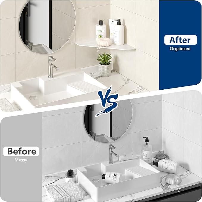 10 in White Corner Shelf, Floating Corner Shelf for Tile Wall, Tile Shower Shelf, 304 Stainless Steel Wall Storage Shelves for Bathroom, No Drilling