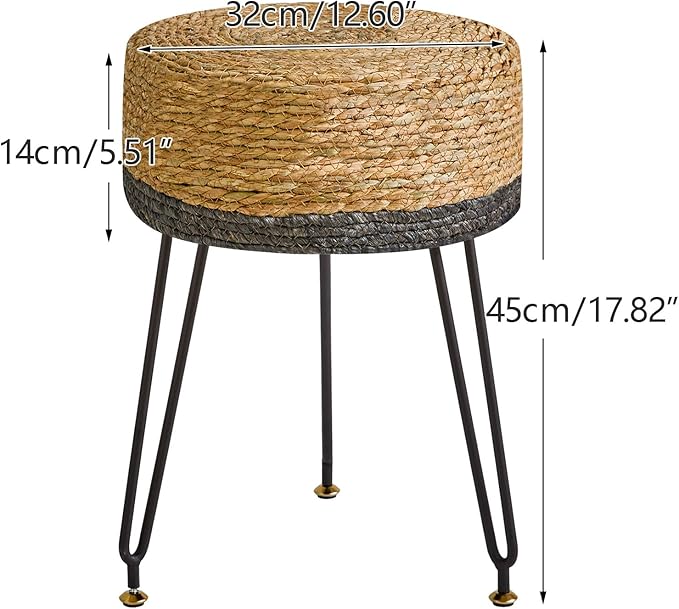 YMYNY Pouf Ottoman, Handmade Natural Water Hyacinth, Pastoral Style Footrest, Footstool with 4 Metal Legs Round Vanity Stool for Bedroom, Hallway, Living Room 12.59"L×12.59"W×17.71"H Black UHBD029B