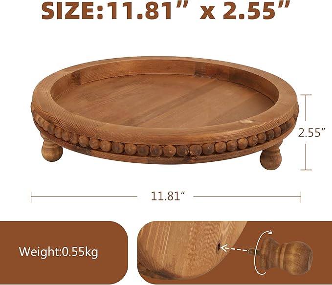 Wooden Tray - Round Beaded Serving Tray for Home Decor, Coffee Table, Kitchen Table, or Farmhouse Decor (Brown)
