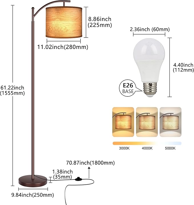 ROTTOGOON Floor Lamp for Living Room, LED Standing Lamp with Wood Pattern Lamp Shade Tall Industrial Floor Lamp Reading for Bedroom, Office (9W LED Bulb Included) - (Oil-Rubbed Bronze)