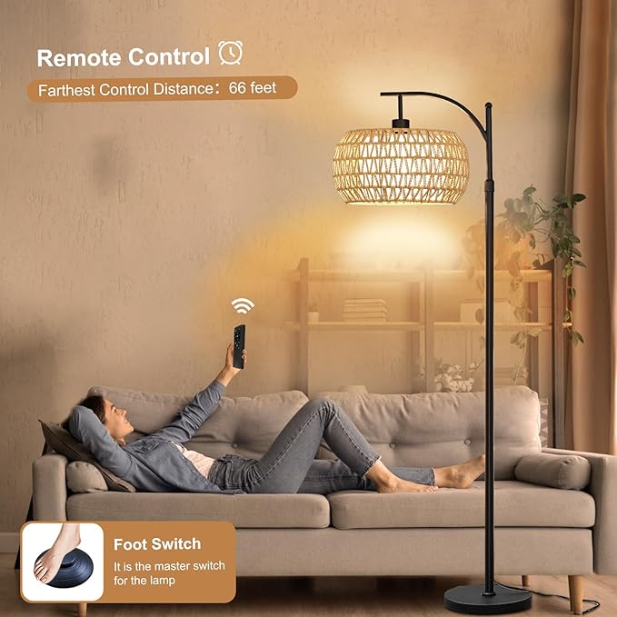 Boho Rattan Floor Lamps for Bedroom with 3 Color Temperatures, 75'' Farmhouse Arc Floor Lamp Adjustable Height with Shades/Remote Control/12W LED Bulb/360° Rotatable for Living Room, Office