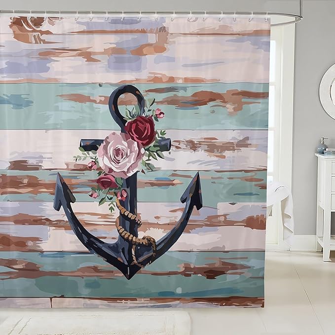 Feelyou Anchor Shower Curtain Rose Anchor Fabric Shower Curtain for Kids Boys Girls Wooden Rustic Bathroom Waterproof Accessories with 12 Hooks Sea Adventure Curtains,72x72 Inches