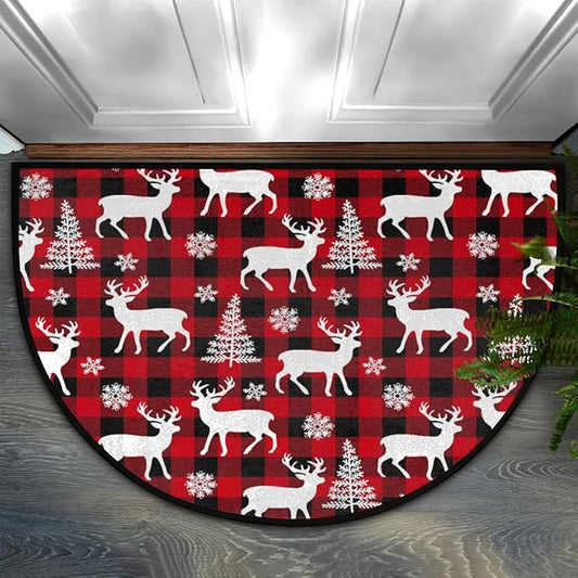 Christmas Half Round Doormat Rug Winter Outdoor Doormat Kitchen Mat for Living Room Fireplace Bedroom Farmhouse Half Moon Christmas Rugs Gifts Animal-Deer
