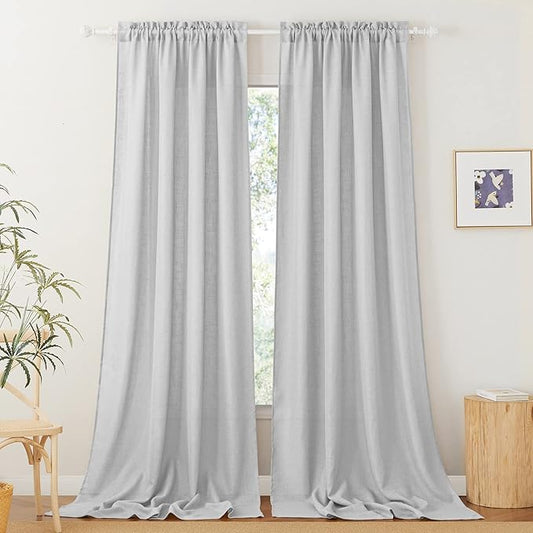 RYB HOME Sheer Curtains for Living Room Linen Woven Sheer Backdrop Curtains Light Glare Filtering Airy for Bedroom Window Sunroom Kids Nursery, Dove Grey, W 52 x L 120 inch, 2 Pcs