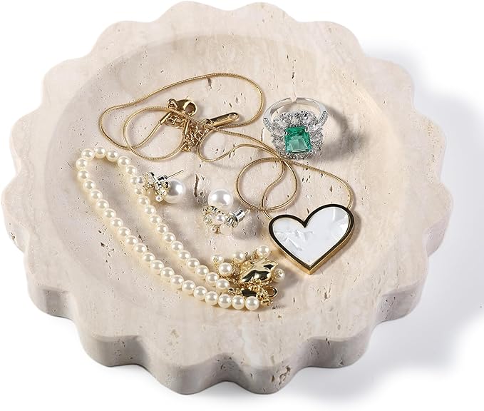 Koville Travertine Jewelry Dish, 5.51" Round Trinket Dish for Ring Necklace Earring Perfume, Natural Stone Decorative Tray for Countertop Bathroom Kitchen Dresser, Beige Travertine Tray