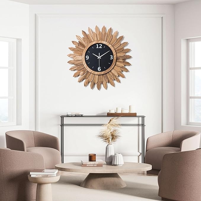 Honiway 16 Inch Wall Clocks, Rustic Wood Boho Sunburst Decorative Wall Clock Battery Operated Silent Non Ticking Farmhouse Large Wall Clocks for Living Room Kitchen Bedroom Home Decor (Rustic Brown)