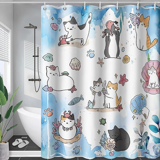 AILONEN Watercolor Cat Shower Curtain for Bathroom, Cute Cat Princess Shell Waterproof Bath Curtain,Cat Lover Minimalist White Curtain with 12 Plastic Hooks(36" W*72" H)
