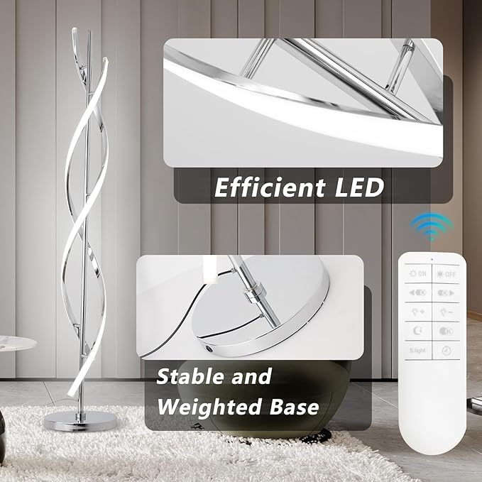 ADISUN 40W LED Modern Floor Lamp Remote Control Dimmable Spiral Floor Lamp Indoor Tall Lamp Floor Lamps for Living Rooms Family Rooms Bedrooms Offices Lighting (Silver)