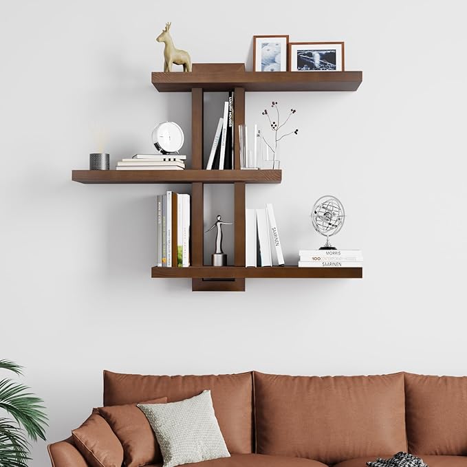 Variable Wood Floating Shelves Set of 3, Wall Cube Shelves 28.35" Max, Wall Shelves for Living Room Bathroom Bedroom - Light Walnut Color - 28.35" x 23" x 5.9" Max