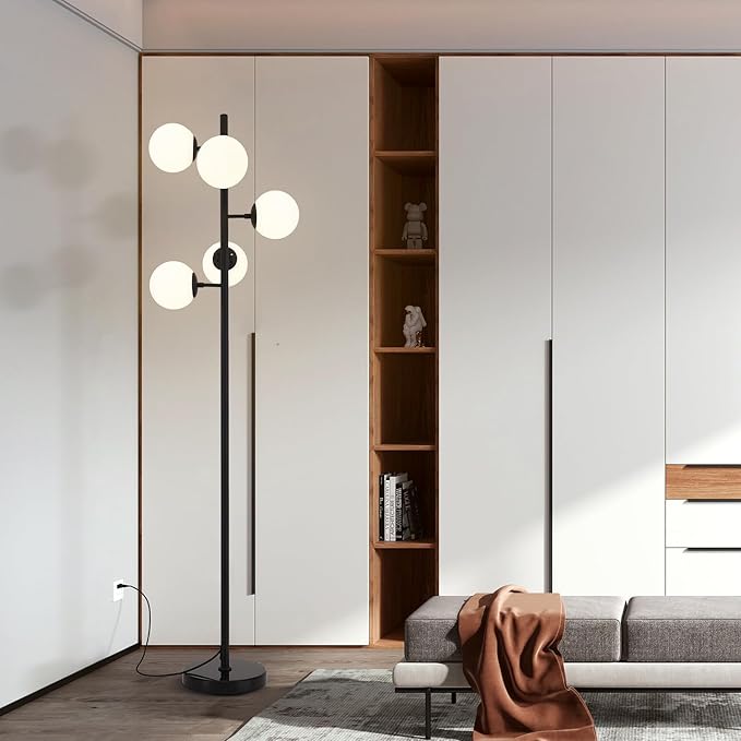 KCO Lighting Contemporary Standing Light 5-Light Frosted White Glass Globe Floor Lamp Modern Black Corner Tall Pole Lamp with Foot Switch for Home Office (Black)