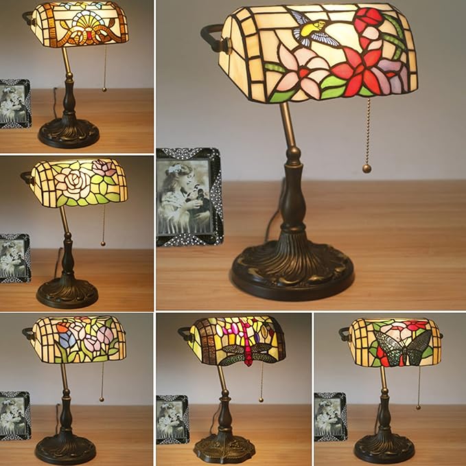Bird Lamp Tiffany Style Bankers Lamp Table Lamp Stained Glass Bird Flower Lamp Shade Piano Desk Lamp Vintage Bedroom Bedside Lamp for Livingroom Office Study,Antique Alloy Base,Zipper Switch,A bird