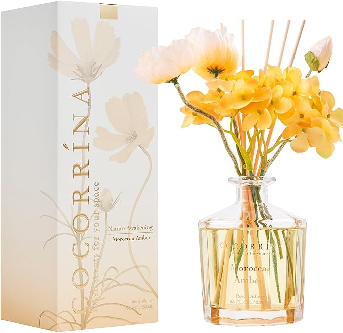 COCORRÍNA Reed Diffuser - Moroccan Amber 8.5oz Flower Reed Diffuser Set with 8 Sticks, Home Fragrance Reed Diffuser for Home Bedroom Office Bathroom Shelf Decor (Master Collection)