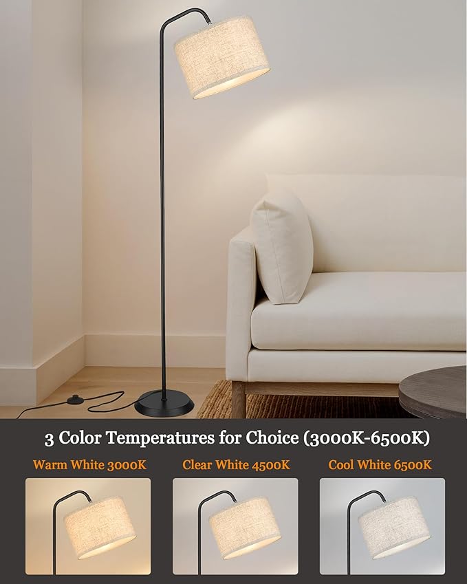 ELYONA Floor Lamp for Living Room with 3 Color Temperatures, Modern Standing lamp with Beige Linen Adjustable Hanging lampshade, Tall Pole Reading Lamp with 9W LED Bulb for Bedroom, Office, Black