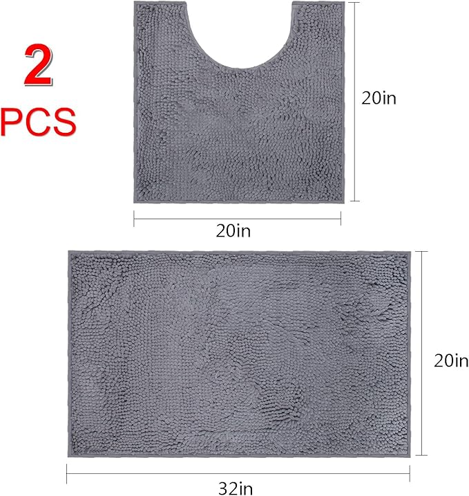 VAGAU Bathroom Rugs Chenille Bath Mat Sets 2 Pieces, Extra Thick and Soft Absorbent Bath Rugs, Machine Washable, Non-Slip Plush Bath Mats for Tub, Shower, and Bath Room +Toilet Mat(Dark Grey)