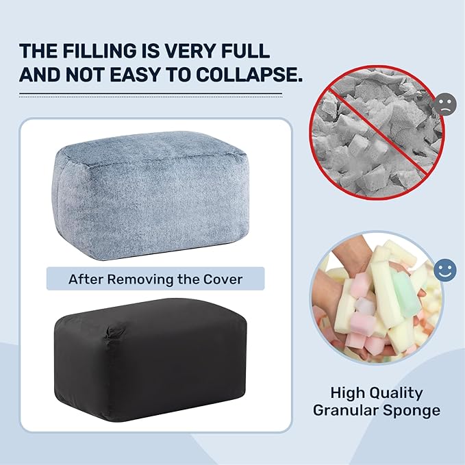 HollyHOME 15"(H) Bean Bag Ottoman Pouf, 6.6LB Memory Foam Filled Footstool for Sofa, Accent Stuffed Footrest Stool with Washable Cover, Single Footrest Stool for Living Room, Bedroom, Blue&Grey