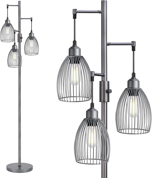 Dimmable Industrial Floor Lamps for Living Room, Gray Tree Standing Tall Lamps with 3 Elegant Teardrop Cage Head & 800 Lumens LED Bulbs for Bedroom Office