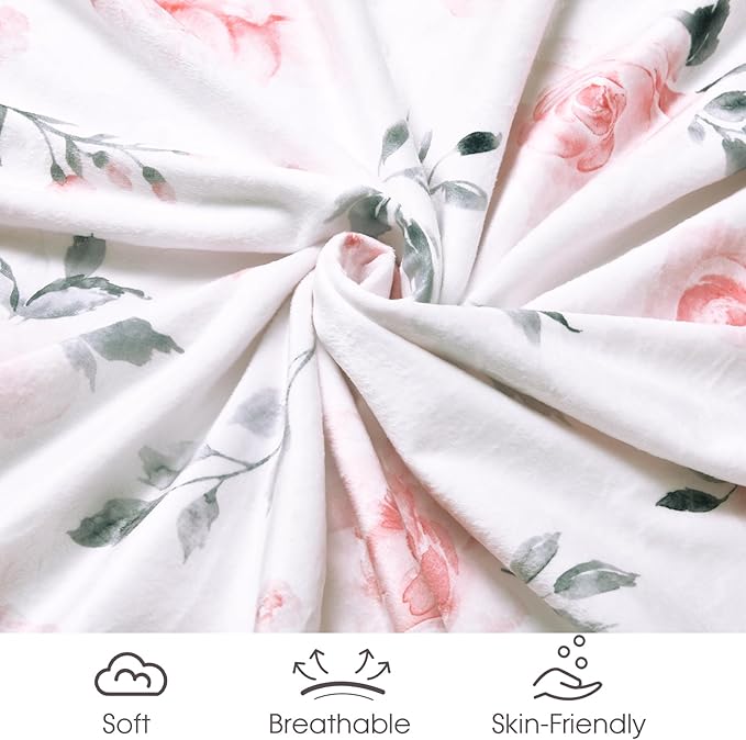 Minky Baby Throw Blanket for Girls, 50x60 Inches Soft Lightweight Micro Fleece Blanket with Double Layer, Dotted Backing, Breathable Receiving Blanket for Newborns, Floral Flowers