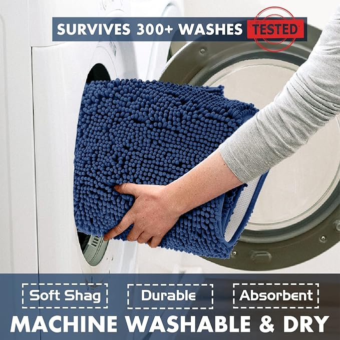 Bathroom Rugs Sets 2 Piece, Luxury Chenille Bath Mat Set, Soft Plush Anti-Slip Bath Rug + U-Shaped Toilet Mat. Microfiber Shaggy Carpet, Super Absorbent (24” x 36” & 20” x 24” U, Blue)