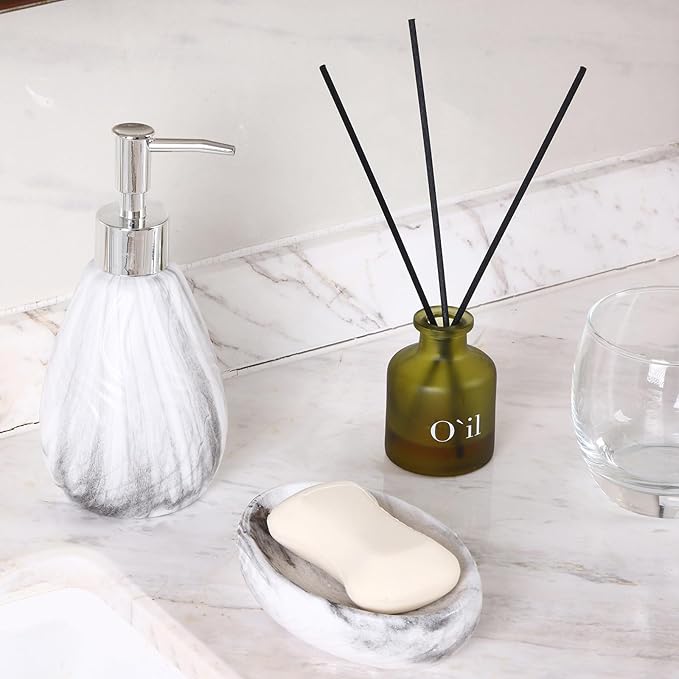 Ceramic Soap Dispenser and Soap Dish Set, Marbled Elegant Bathroom Decor with Non-Slip Base, Modern Hand Wash Bottle & Soap Tray for Bathroom Sink Countertop, Kitchen, Spa (White)