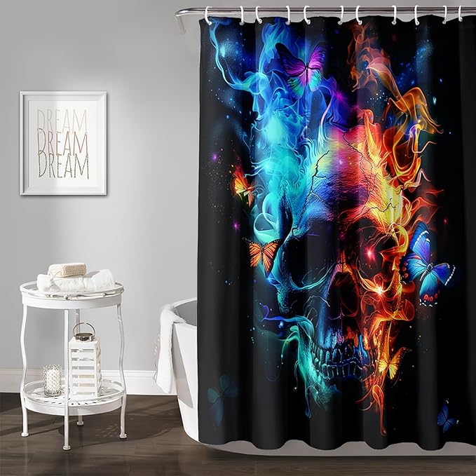 AILONEN Sugar Skull Shower Curtain for Bathroom,Blue and Red Smoky Skull Bath Curtain Decoration,Starry Butterfly Skull Skeleton Print Waterproof Shower Curtain with 12 Plastic Hooks, 60" W*72" H