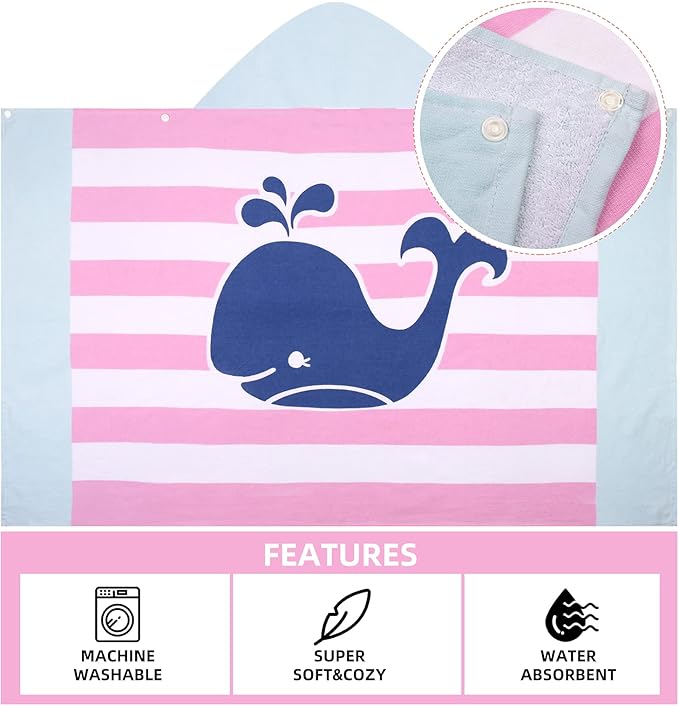 Hooded Towel for Kids, 100% Cotton Soft and Absorbent, Pool Bath Beach Swim Towel Wrap, Bathrobe Coverups for Girls and Boys, Extra Large:50??x 30??Pink Striped Whale)