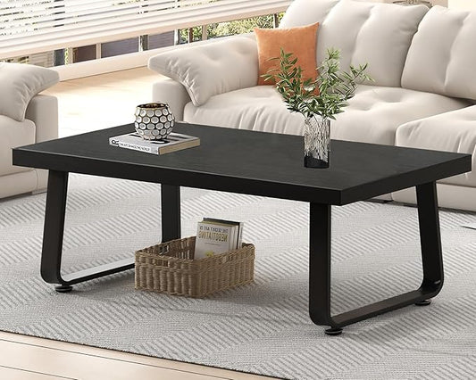 HSH Black Coffee Table, Industrial Wood and Metal Legs Center Table, Modern Minimalist Rectangle Cocktail Table for Living Room, Farmhouse Wooden Tea Table for Bedroom Home Office, Black Oak, 47 Inch