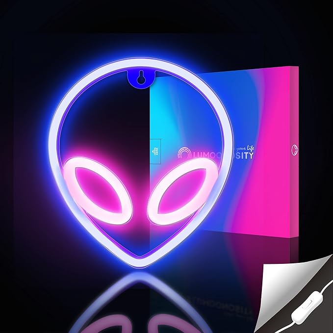 Lumoonosity Alien Neon Sign, Pink and Blue Alien Decorations Neon Lights with On/Off Switch, Cool Alien Light Neon Signs for Bedroom, Gaming Room, Aesthetic Hanging Alien Led Signs for Wall Decor