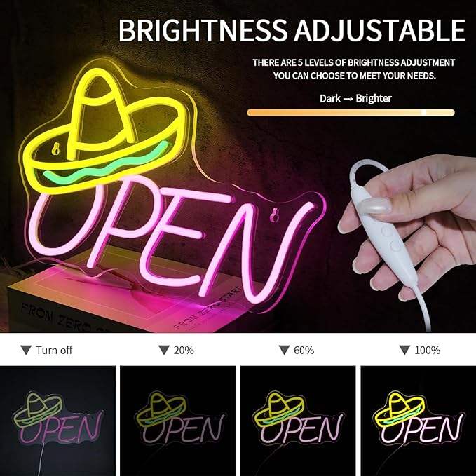 Open Neon Sign for Wall Decor Dimmable Led Lights Signs Open Signs for Business Yellow Neon Light Pink Room Decor for Tacos Shop Bar Party Stores Hotel Restaurant Gift USB Powered