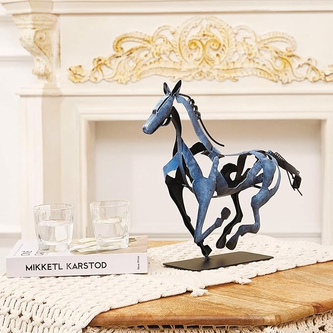 Horse Statue, Unique Metal Art Handmade Sculpture for Home Decor, Rustic Decor, Gifts for Horse Lovers (Blue)