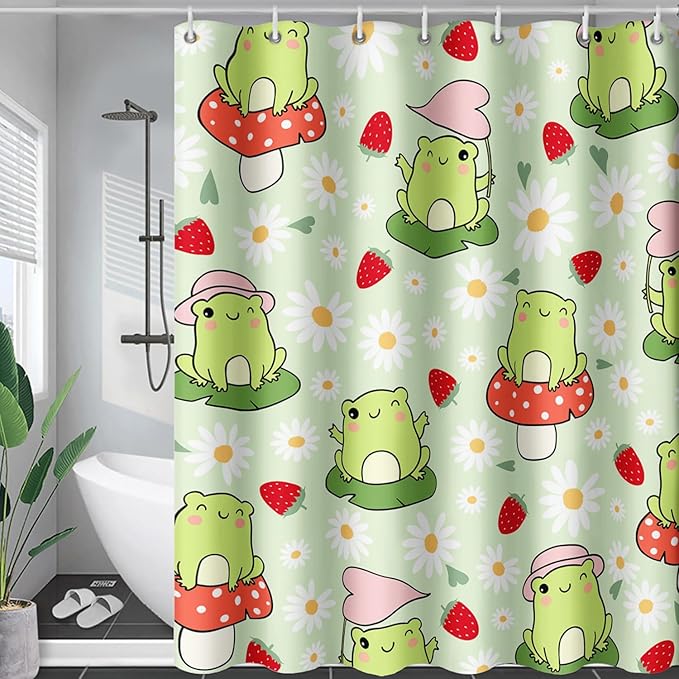 AILONEN Cute Frog Shower Curtain for Bathroom, Kawaii Strawberry and Frog Bath Curtain,Mushroom Frog Kids Girls Waterproof Curtain with 12 Plastic Hooks(72" W*78" H)