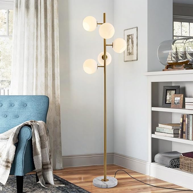 KCO Mid Century Modern Gold Floor Lamp 5 Globe Contemporary Brass Tall Free Standing Reading Lamp with White Glass Lampshade for Office Bedroom