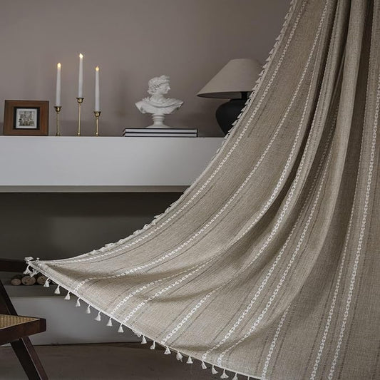 ColorBird Boho Curtains 96 inches Long, Striped Tan Embroidered Light Filtering Curtain for Living Room Bedroom Nursery Office