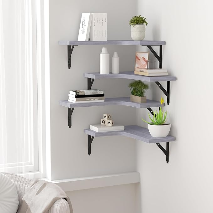 Corner Floating Shelves Wall Mounted Set of 4, Rustic Wood Storage Display Wall Shelves for Home Decor, Bathroom, Kitchen, Bedroom, Living Room, Office (Light Grey)