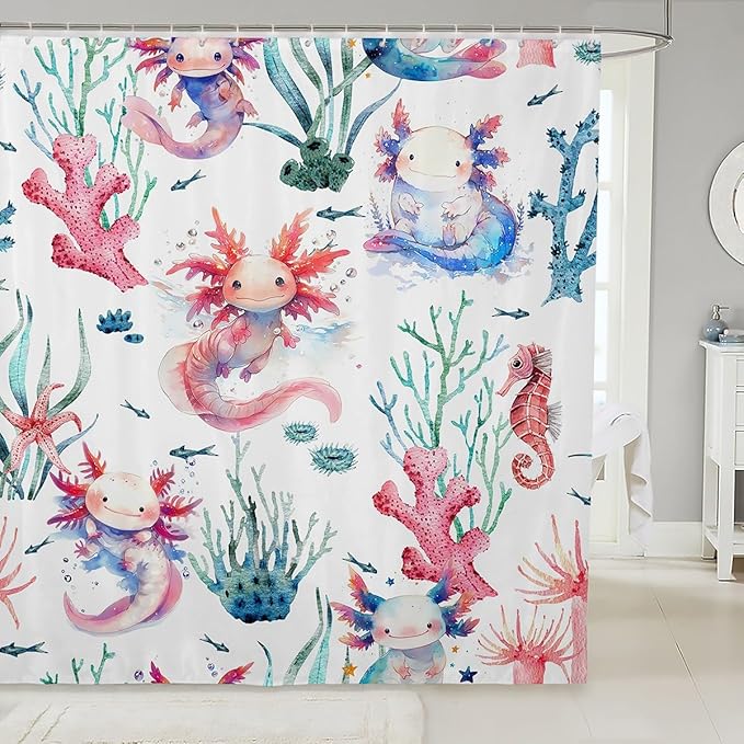 Feelyou Cartoon Axolotl Bathroom Waterproof Accessories with 12 Hooks Watercolor Salamander Fabric Shower Curtain for Kids Boys Girls Green Corals Shower Curtain Sealife Curtains,72X72 Inches