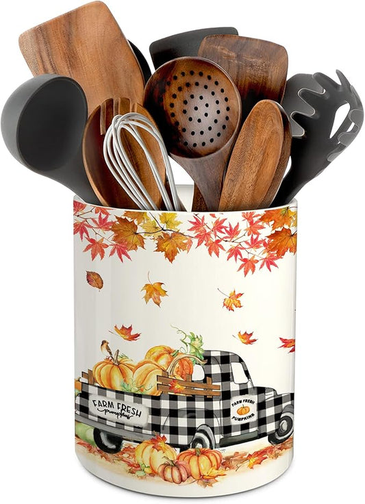 pinata Fall Kitchen Decor Ceramic Utensil Holder, Farmhouse Fall Truck Pumpkin Utensils Holder, Ceramic Utensils Crock for Rustic Indoor Kitchen Decorations(6.3 Inches)