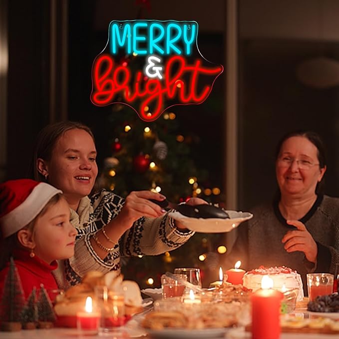 NOSUN Merry Bright Neon Sign,Merry Christmas Neon Signs Christmas Sign Light with Acrylic Board,Dimmable Switch Neon Sign,Christmas or Indoor Party Kids Bedroom Wedding Bar Pub Club Christmas Decor