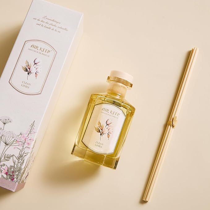 Airkeep Reed Diffuser Set-6.09 oz (180ml) Clean Linen Lemon Bergamot Scented Diffuser with 8 Reed Sticks Home Fragrance Oil Diffuser for Bathroom Shelf Decor