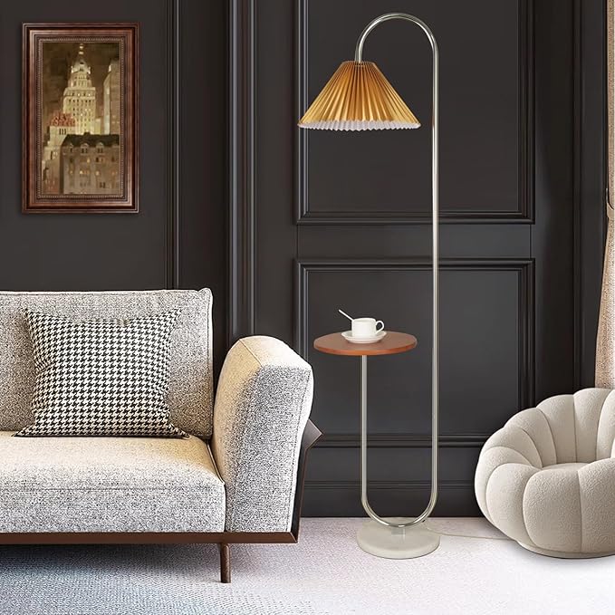 beaysyty Modern Elegant with Tray Floor Lamp for Office Cafe Den Living Room Bedroom, Foot Switch and Chrome Finish, Orange Pleated Cloth Lampshade