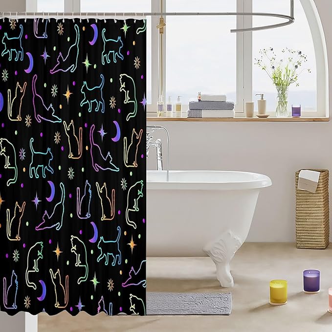 Manfei Cute Cats Silhouettes Kids Shower Curtains,Sun Moon Starry Sky Dots Trippy Bathroom Curtains for Girls Boys,Abstract Pets Animals Purple Cute Waterproof Curtains,12 Hooks Suits,72" W x 78" L