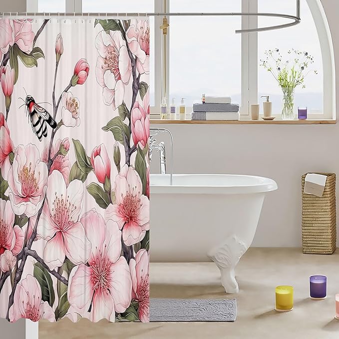 Feelyou Peach Blossom Fabric Shower Curtain for Kids Boys Girls Flower Floral Bathroom Waterproof Accessories with 12 Hooks Pink Shower Curtain Honey Curtains,72x78 Inches