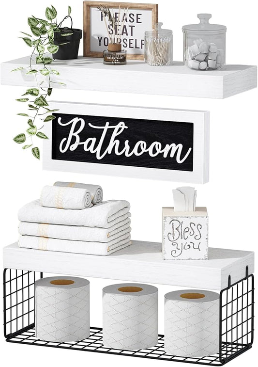 QEEIG ‎Bathroom Shelves Over Toilet - Paper Storage Wall Mounted Farmhouse Decor Decorations Aesthetic Décor Sign Small Floating Shelf 2+1 Set 16 inch, White and Black (020WB)
