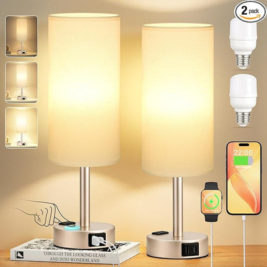 Touch Bedside Table Lamps Set - 3 Way Dimmable Bedroom Lamps Set of 2 with USB C and A Ports, Small Lamps for Nightstand with AC Outlet, Gold Base Round Flaxen Shade for Desk, Office, Dorm, Nursery